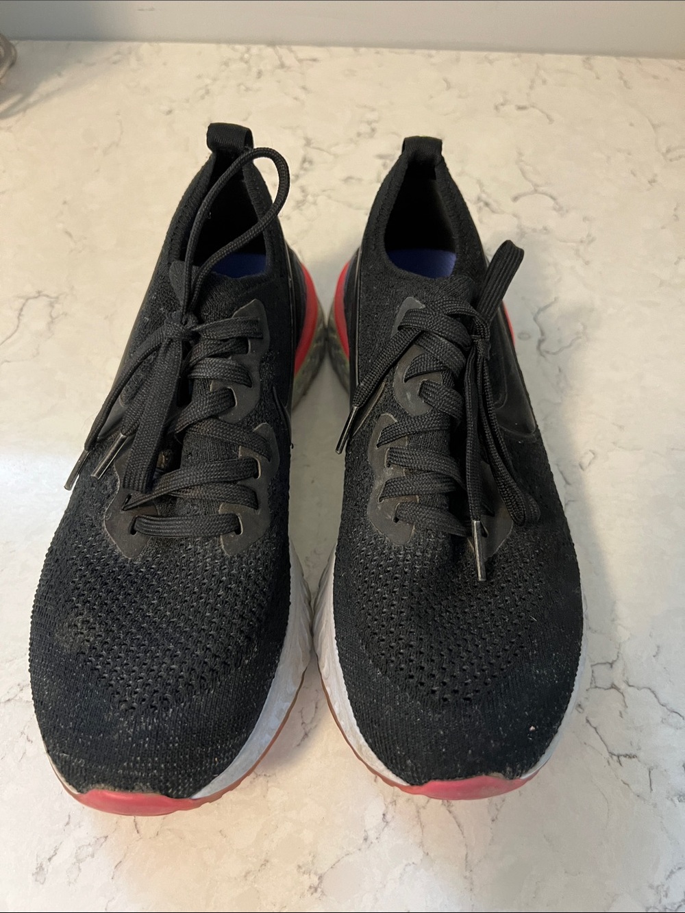 Women’s Black Knit Running Sneakers with Red Accent